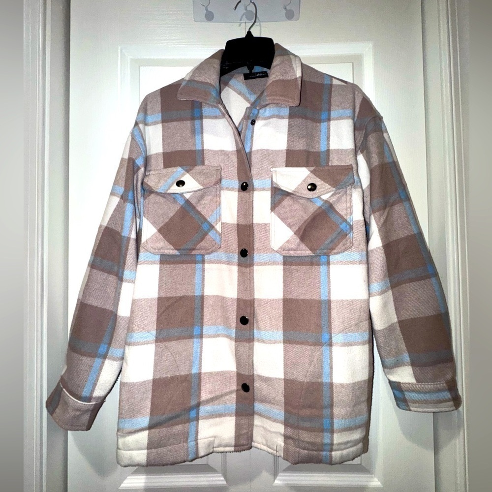 HFX Plaid Jacket in Brown and Blue. Adult small. VGUC